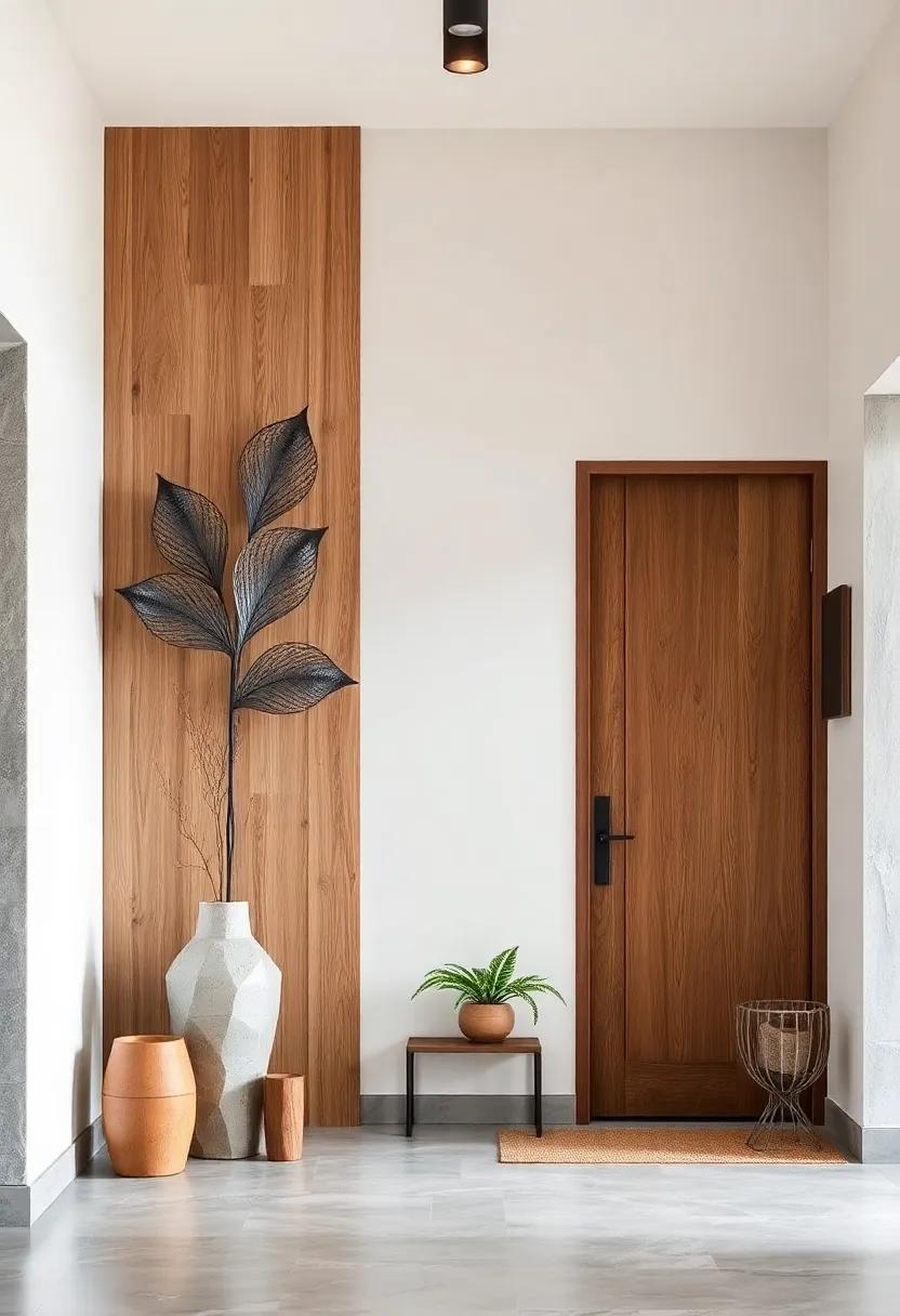 Abstract Welded Metal Sculptures Mounted Adjacent to Natural Walnut Door Frames for Artistic Urban Meets Forest Vibe