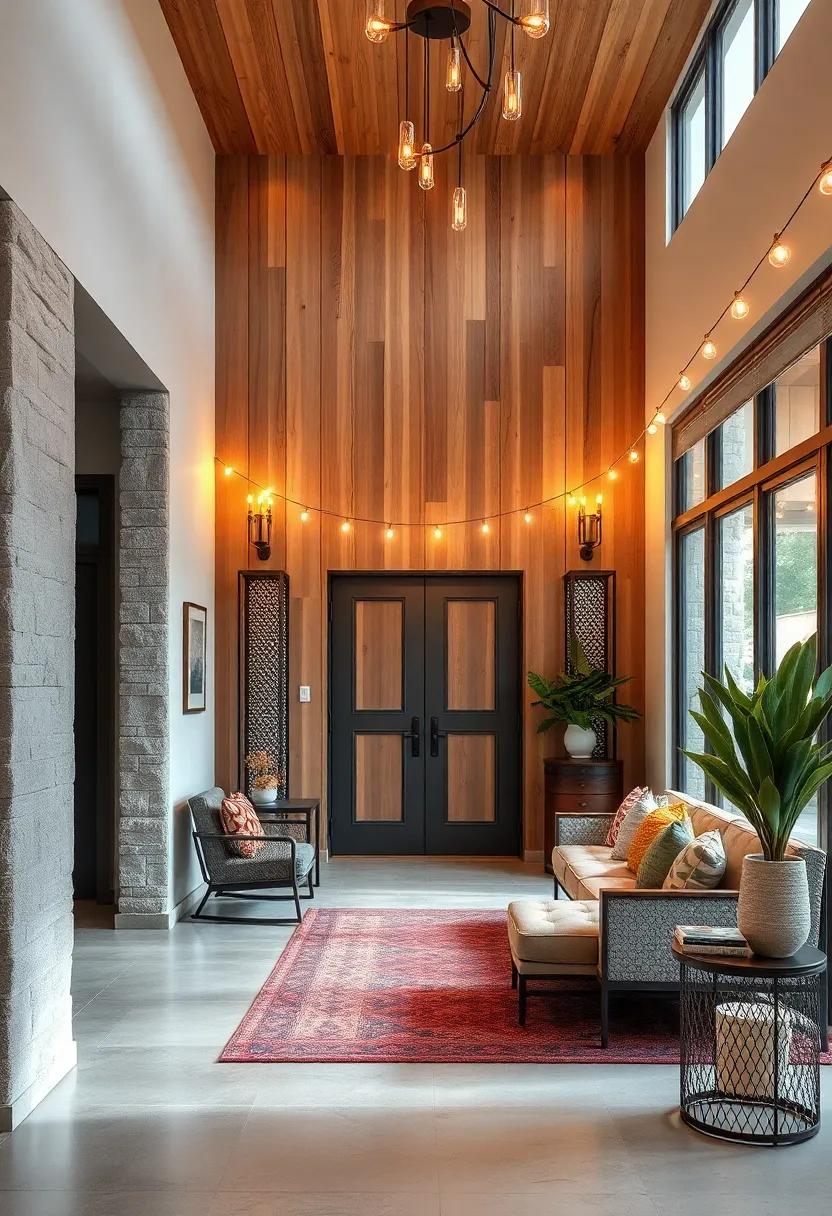 Antique Iron Mesh Inserts Set Within Natural Ash Wood and Wrapped in String Lighting Ambiance