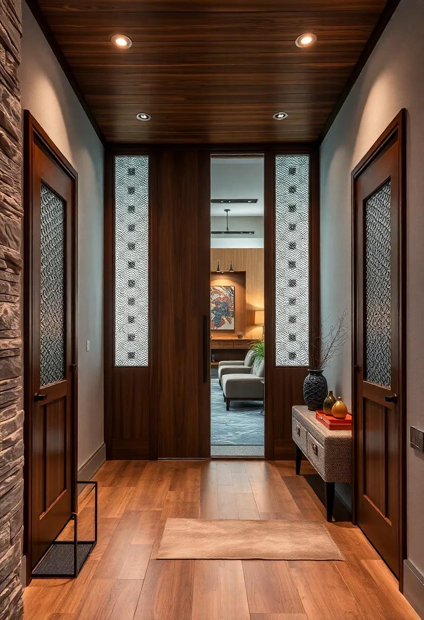 Backlit Metal Mesh Insets Embedded Within Rich Mahogany Doors for a Subtle Fusion of Light and Texture