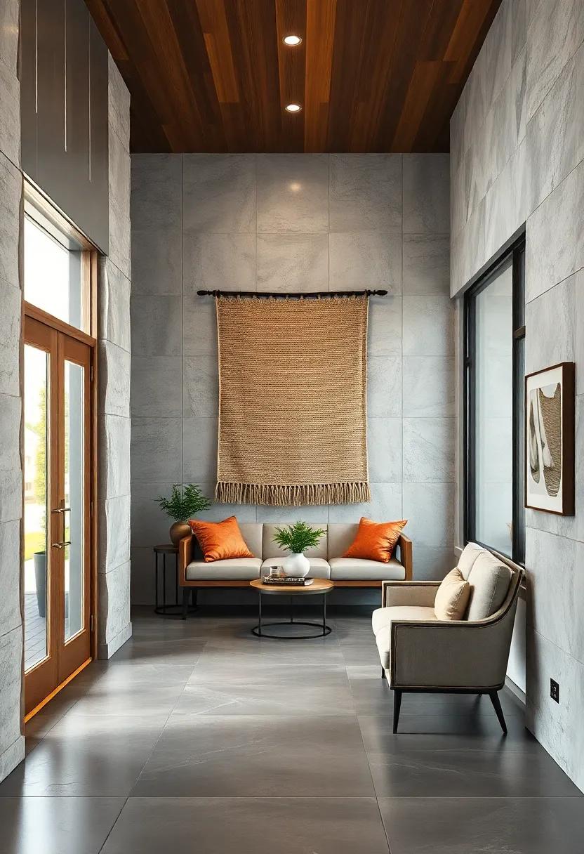 Bright Polished Aluminum Cladding Complementing a Soft Burlap Textile Wall Hanging in a Warm Industrial Entry