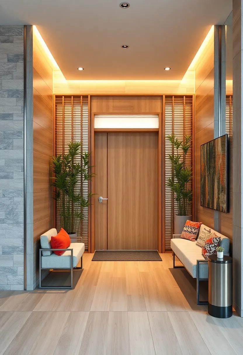 Brushed Aluminum Wall Panels Interwoven with Live Bamboo Dividers Framing a Light Hardwood Door