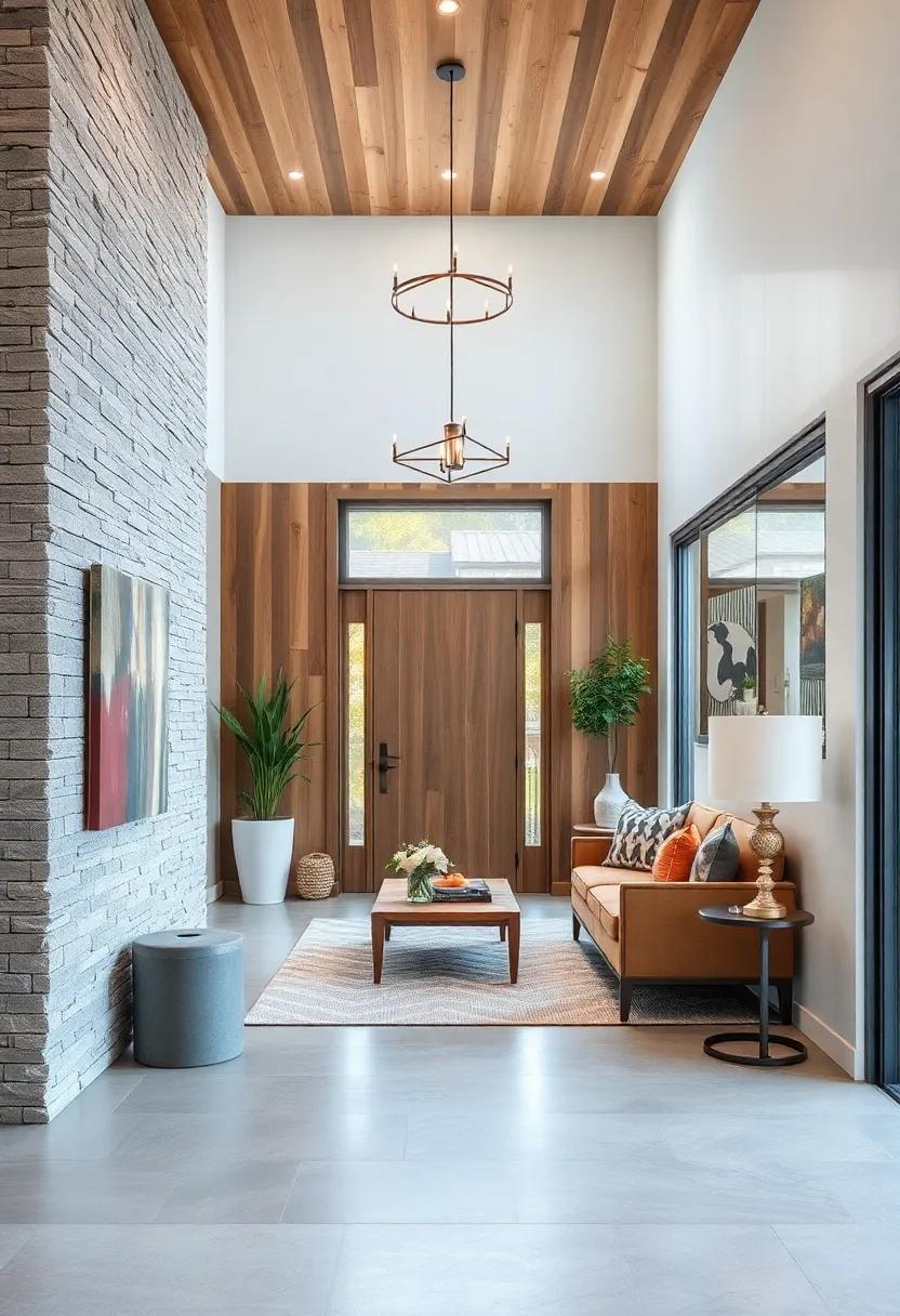 Brushed Aluminum Panels Interlaced with Knotty Pine to Showcase Contrasting Cool and Warm Tones in Entryway Design