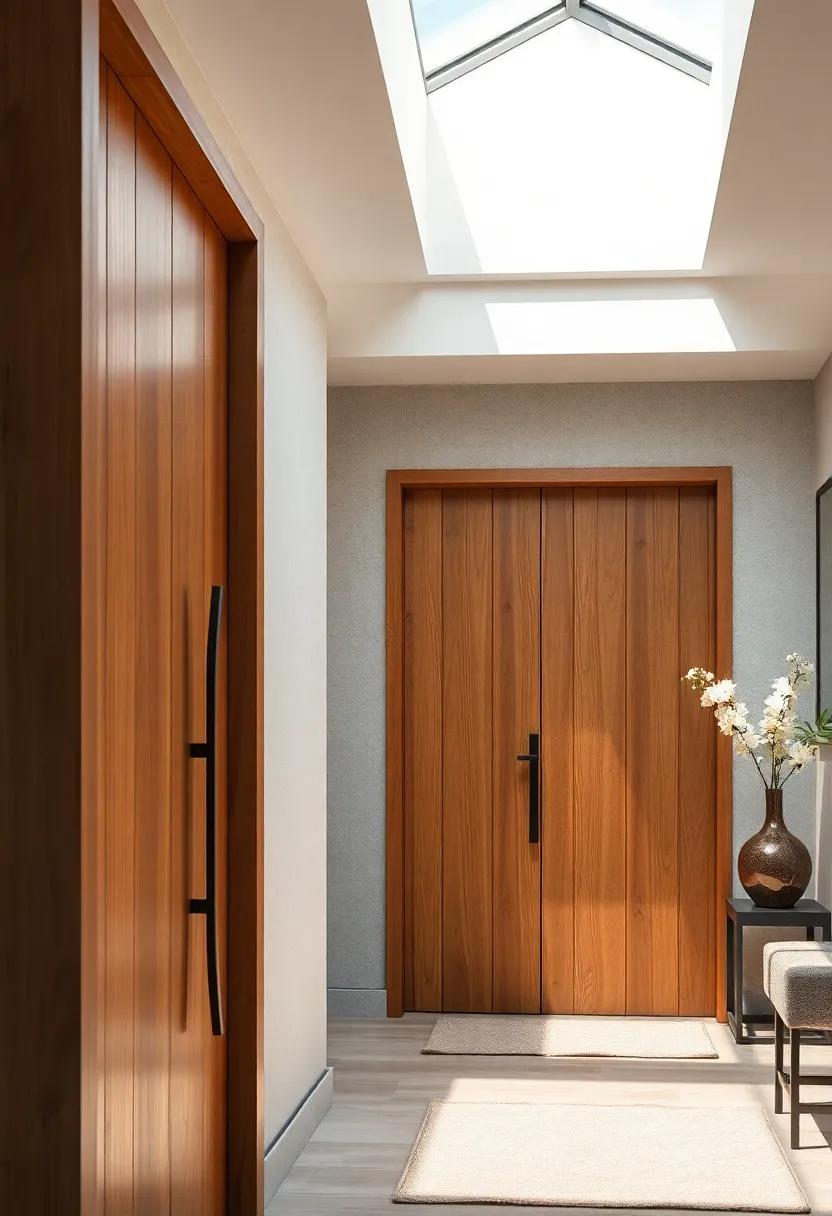 Contemporary Blackened Steel Lockset Against Weathered Teak Wood Doors Under Soft Skylight