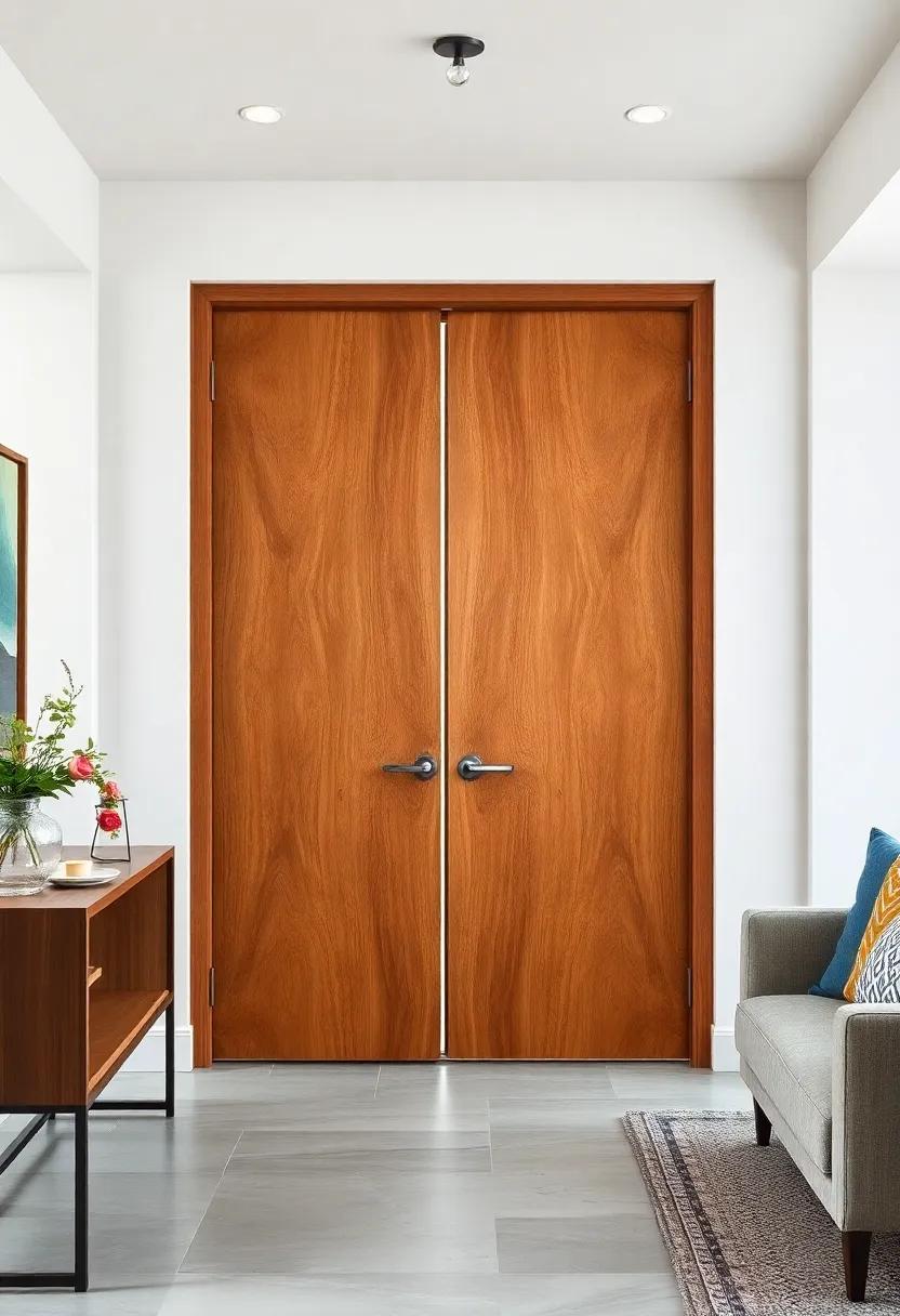 Copper Inlay Patterns Traced Across Smooth Maple Surfaces Bringing a Vintage Industrial Elegance to Wooden Doors