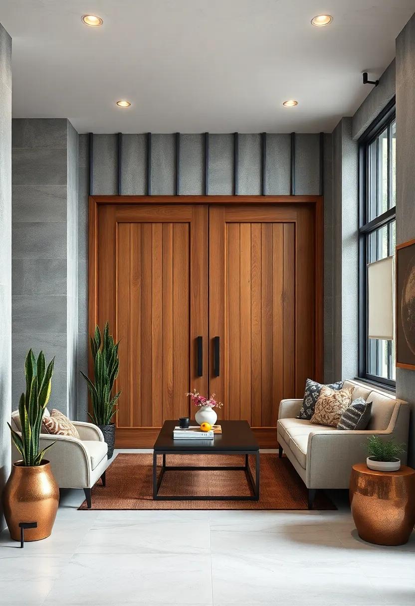 Distressed Galvanized Steel Panels Coupled with Heavily Grained Teak Doors Emphasizing Raw Industrial Character