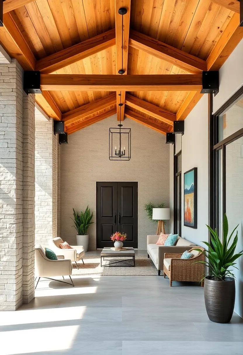 Exposed Metal Studs Supporting Thick Pine Beams in an Entryway Bathed in Natural Shade