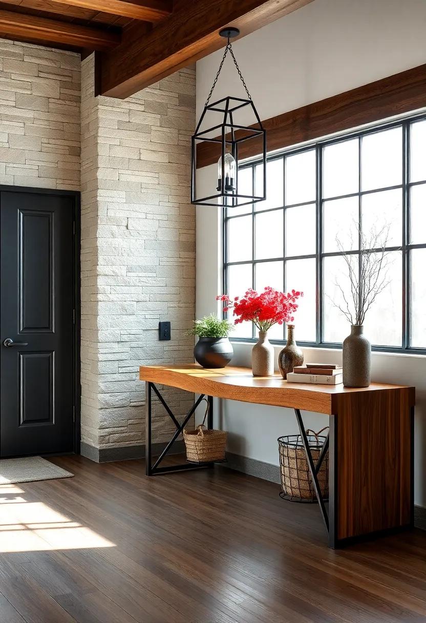 Forged Iron Lanterns Suspended Over a Live-Edge Maple Console Table in a Moody Industrial Entry