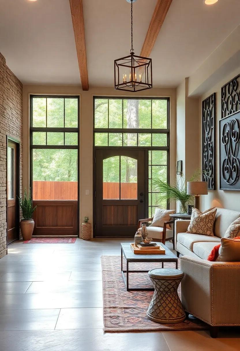 Forged Iron Lattice Decor on Natural Redwood Entryways Symbolizing Classic Industrial Craft Amid Vibrant Organic Backdrops