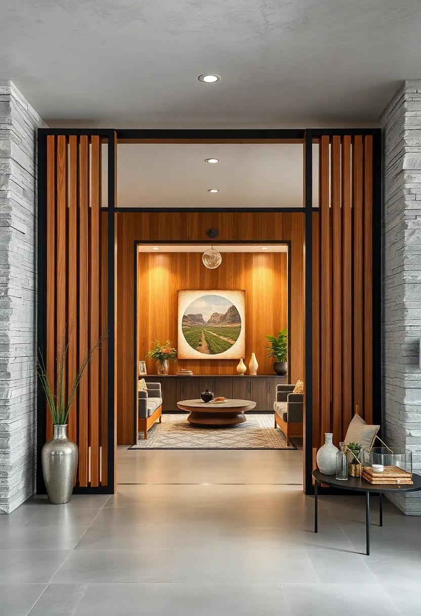 Forged Steel and Elm Slats Forming a Textured Doorway Rich in Contrast and Tactile Appeal