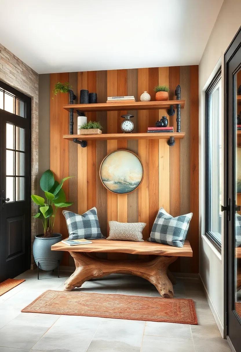 Industrial Pipe Shelving Mounted Above a Reclaimed Driftwood Bench for a Rustic Welcome Scene