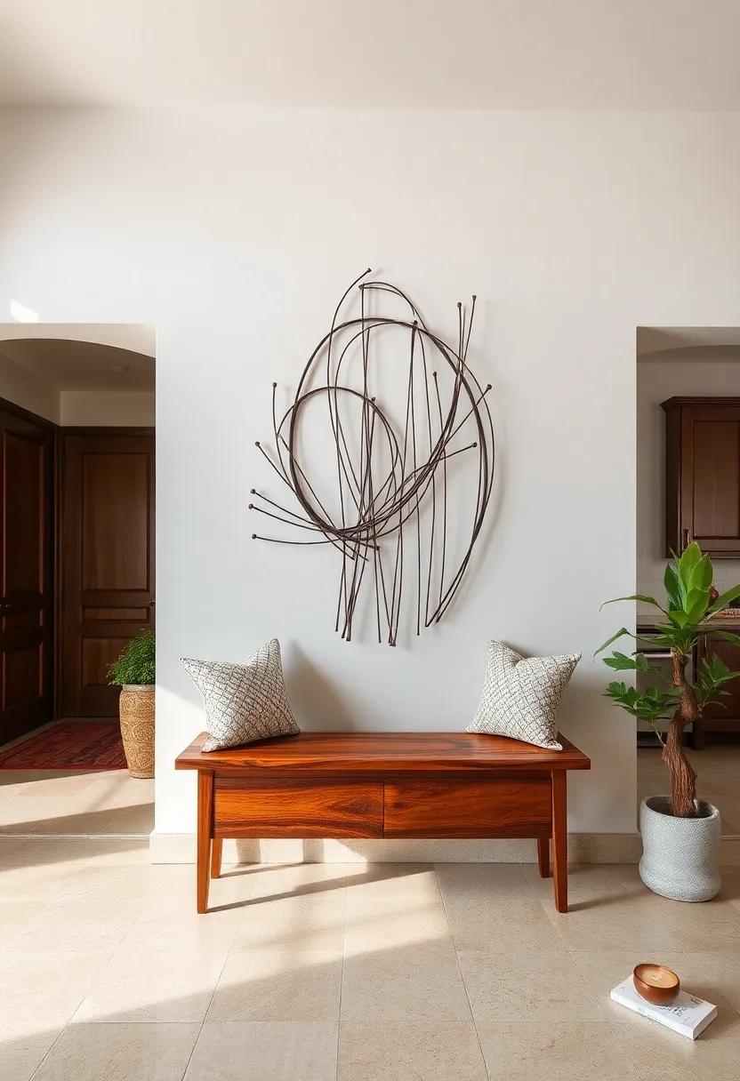 Intertwined Steel Rod Sculpture Over a Hand-Carved Redwood Entry Bench with Copper Inlay Detailing