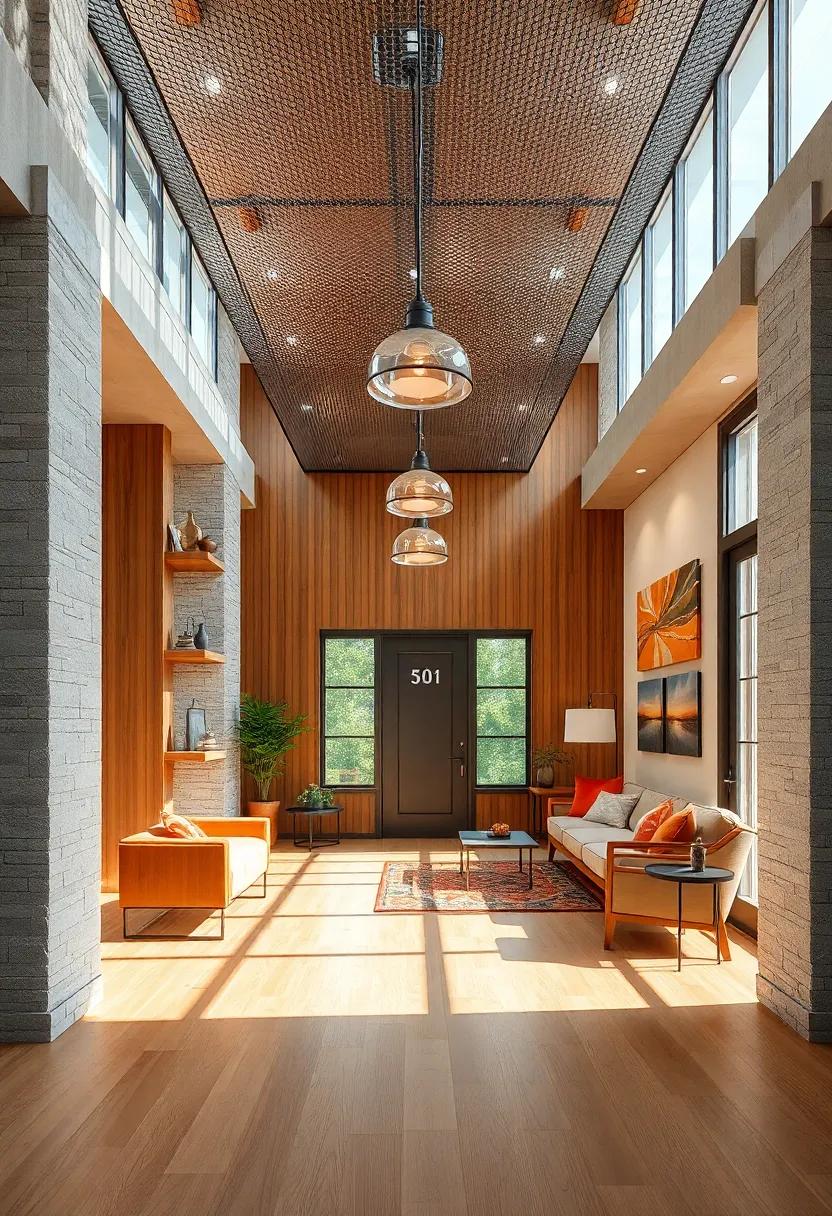 Iron Mesh Canopy Over Light Walnut Flooring and Industrial Pendant Lamps Casting Soft Shadows