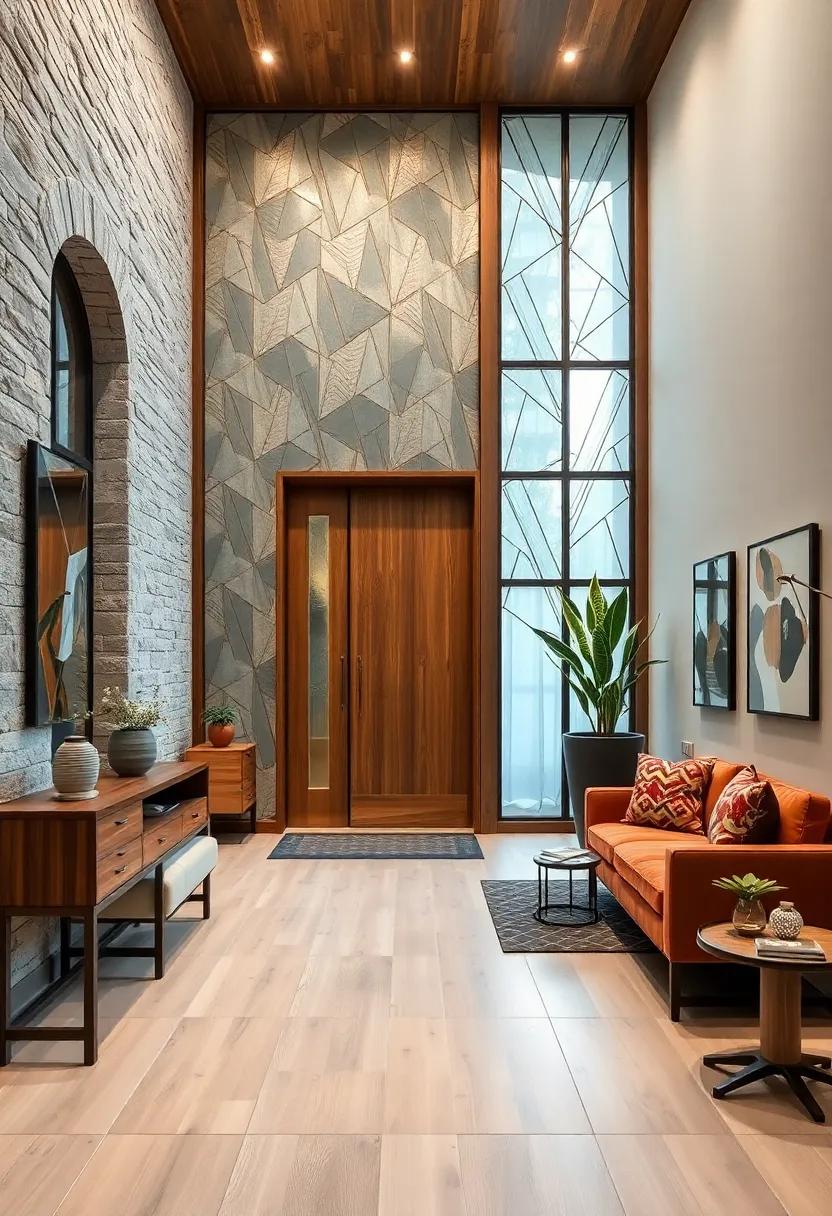 Layered Metal Geometric Patterns Overlaying Smooth Birch Wood to Produce a Bold Architectural Statement for Entrances