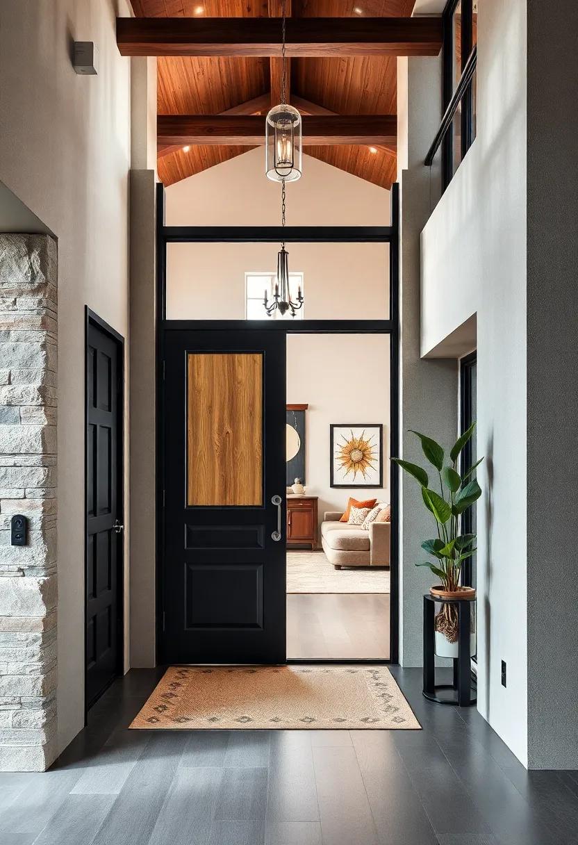 Matte Black Metal Door with Carved Birch Wood Insets Nestled in an Open Loft Entry