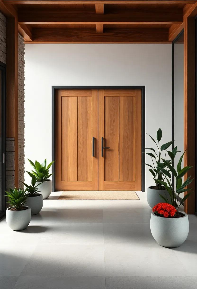 Minimal Metal Frames Encasing Solid Oak Doors Paired With Ambient Concrete Planters Arranged Neatly