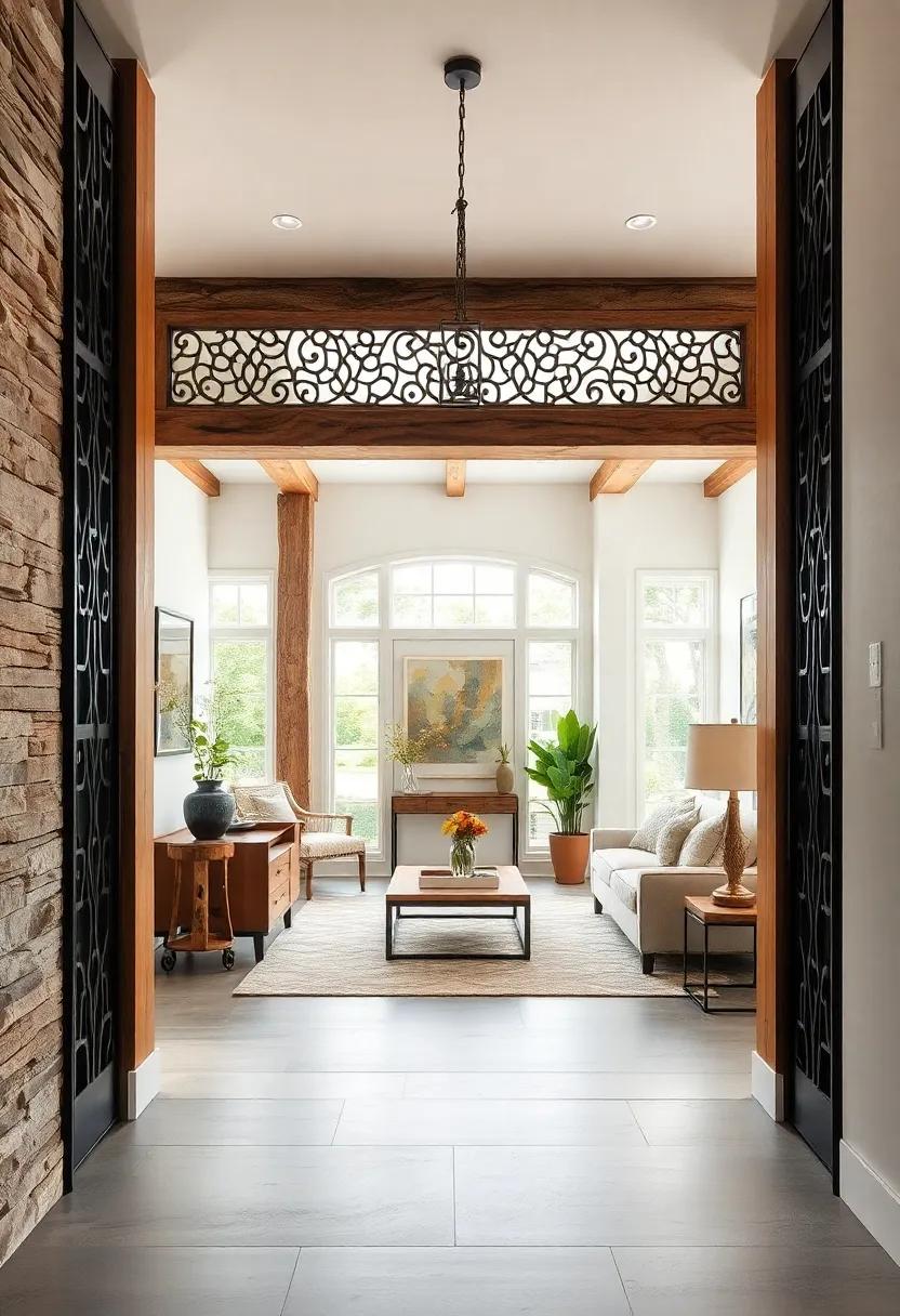 Openwork Metal Grilles Artistically Integrated with Driftwood Beams for a Nautical Industrial Fusion in an Entryway