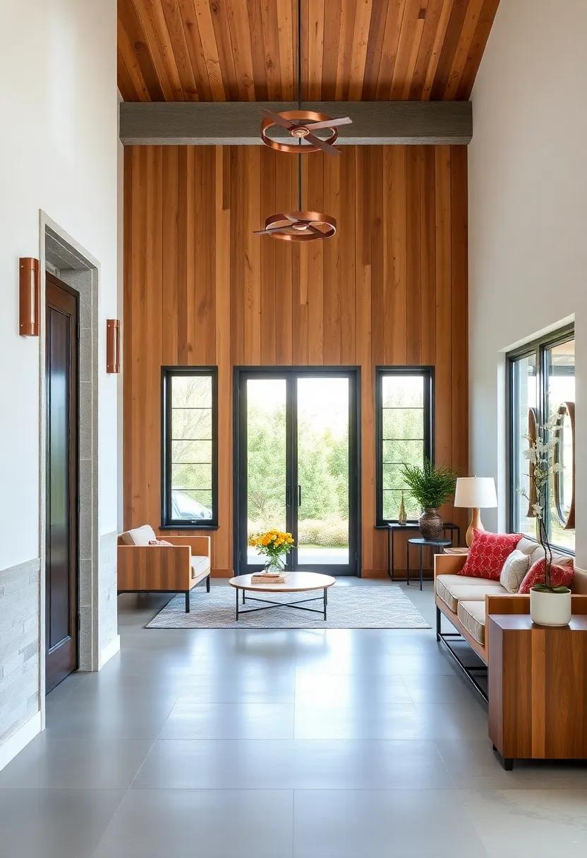 Oxidized Copper Fixtures Highlighted Against Vertical Cedar Slats in a Minimalist Entry Space