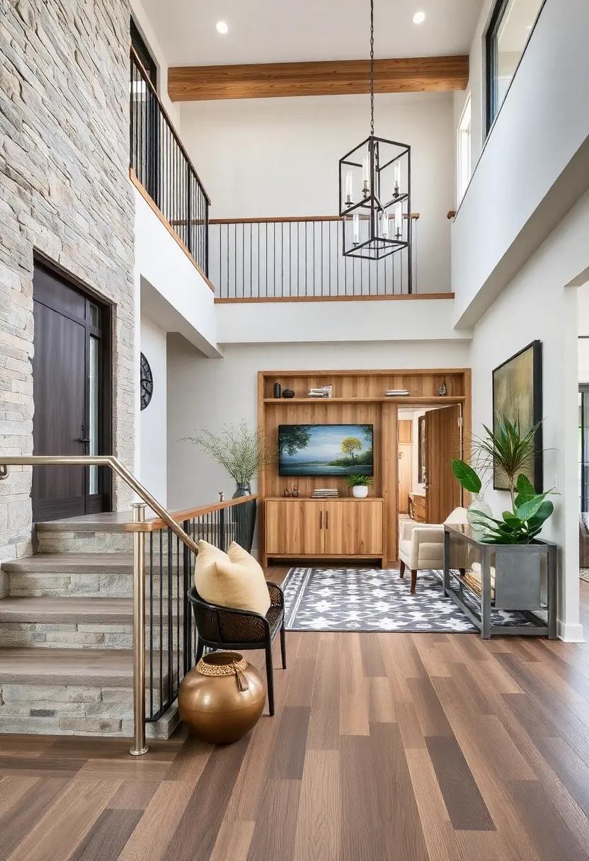 Polished Stainless Steel Railings and Knotty Pine Cabinetry Creating a Refined Rustic Entryhall