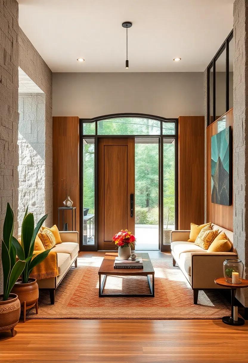 Rusted Iron Frames Paired With Polished Oak Panels Creating an Urban Forest Vibe at the Front Door