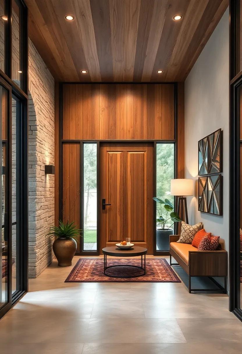 Rustic Wood Grain Contrasting with Polished Metal Frames for Entryways Emphasizing Natural Textures and Modern Edges