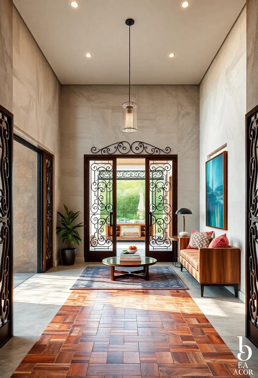 Seamless Fusion of Wrought Iron Grilles with Handcrafted Cherry Wood Mosaics at the Threshold