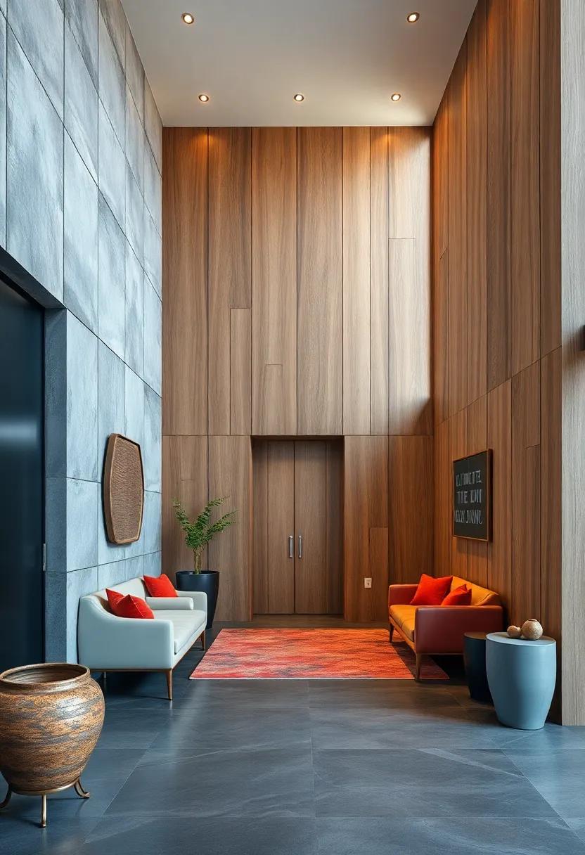 Smooth Steel Panels Contrasted Against Rough Sawn Oak Cladding Under Soft Amber Lighting