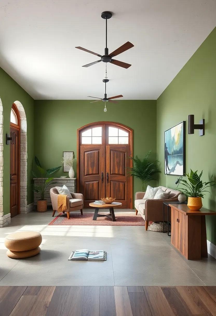 Soft Moss Green Walls Complementing Distressed Metal Fixtures and Smooth Wooden Accents