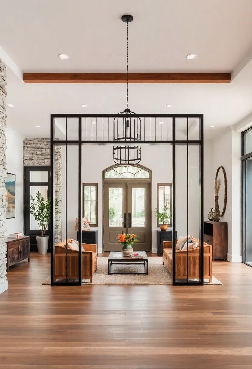 Steel Rod Frameworks Wrapping Around Rough-Hewn Chestnut Wood for a Bold Entryway That Marries Raw and Refined Elements