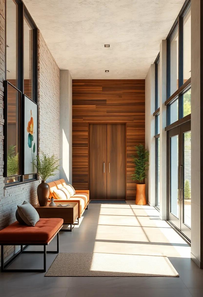 Warm Walnut and Brushed Steel Entryway Featuring Clean Lines and Natural Light Contrasts