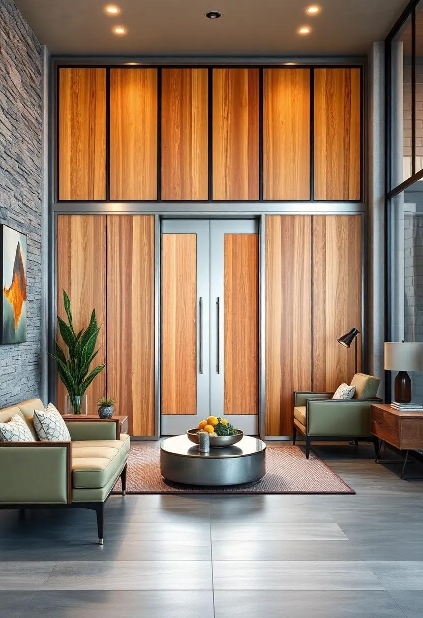 Warm Cedar Panels Intersecting Sleek Stainless Steel Lines for Entry Doors Blending Organic and Industrial Materials