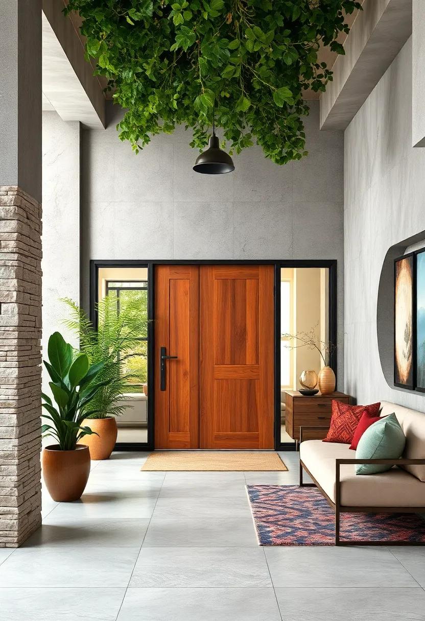 Worn Steel and Burnt Pine Doorway Blending in with Concrete and Leafy Canopy Overhead