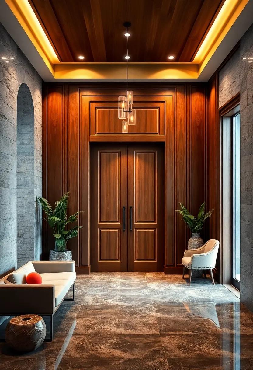 Art Deco Influenced Wood Panel Entryways Featuring Symmetrical Lines and Glossy Surfaces