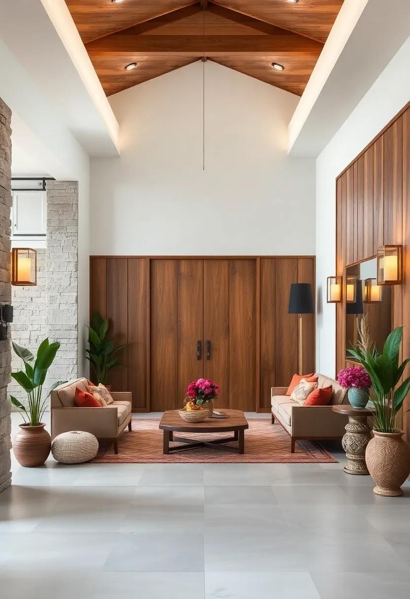 Bohemian Inspired Wood Panel Entryways Blending Natural Textures with Eclectic Decor Elements