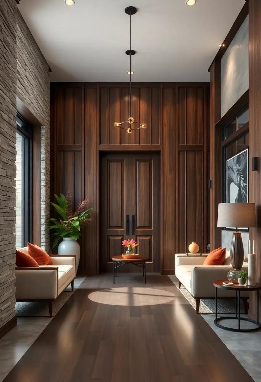 Bold Contrasts in Wood Entryway Panels Featuring Dark Stains Complemented by Light Surroundings
