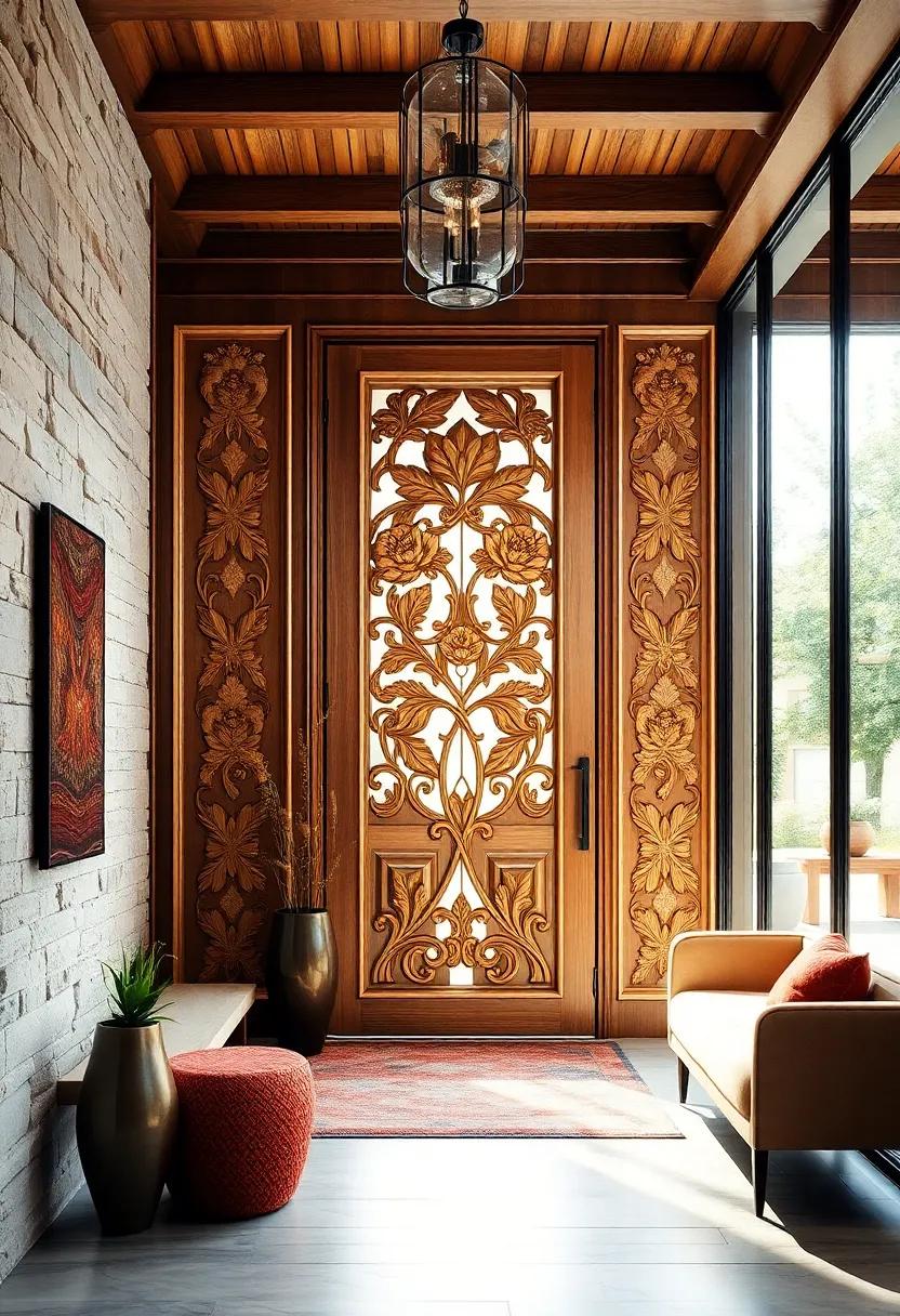 Carved Floral Motifs on Warm Wood Panels Creating Beautiful and Inviting Entryway Features