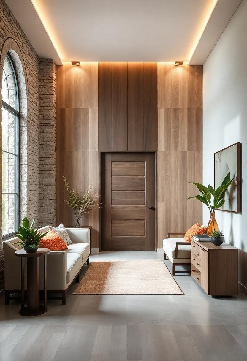 Contrasting Wood Panel Textures Combining Rough Sawn and Smooth Finishes for a Tactile Welcome