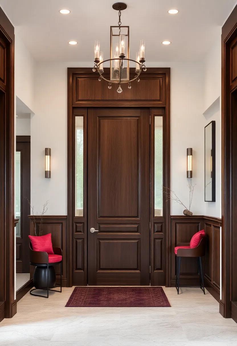 Dark Mahogany Panels Framed by Neutral Walls for a Luxurious and Elegant Entry Statement