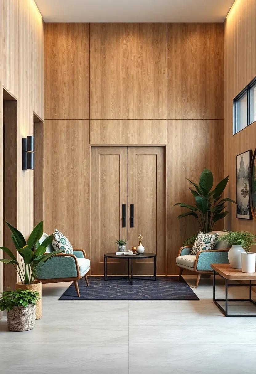 Light Oak Panels Paired with Subtle Greenery Accents for a Fresh and Inviting Atmosphere