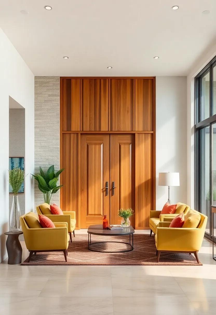 Mid-Century Modern Wood Panel Entryways Showcasing Warm Hues and Retro Geometric Designs