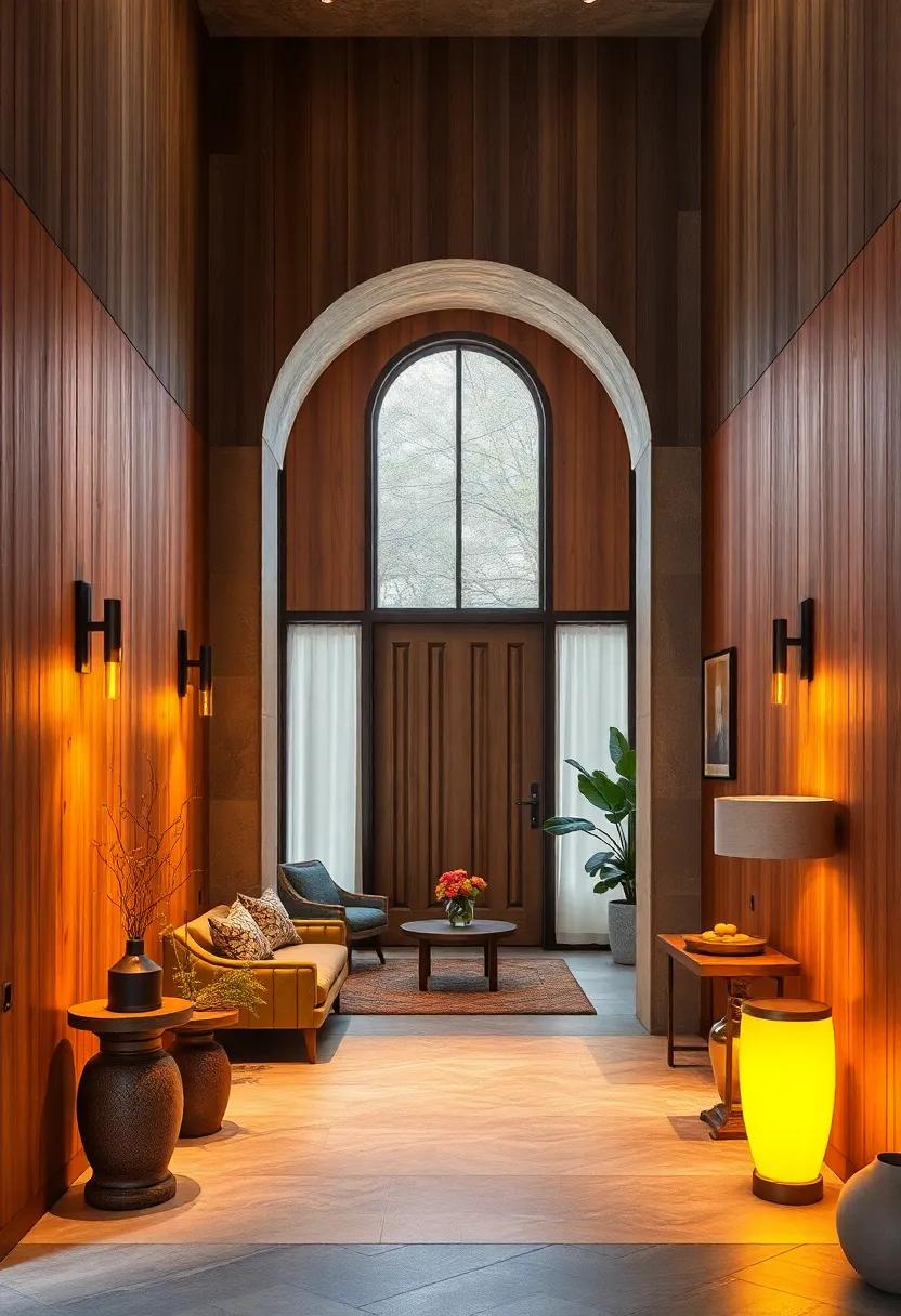 Softly Lit Wood Panel Entrances Highlighting Cozy Ambiance with Warm Glowing Accents