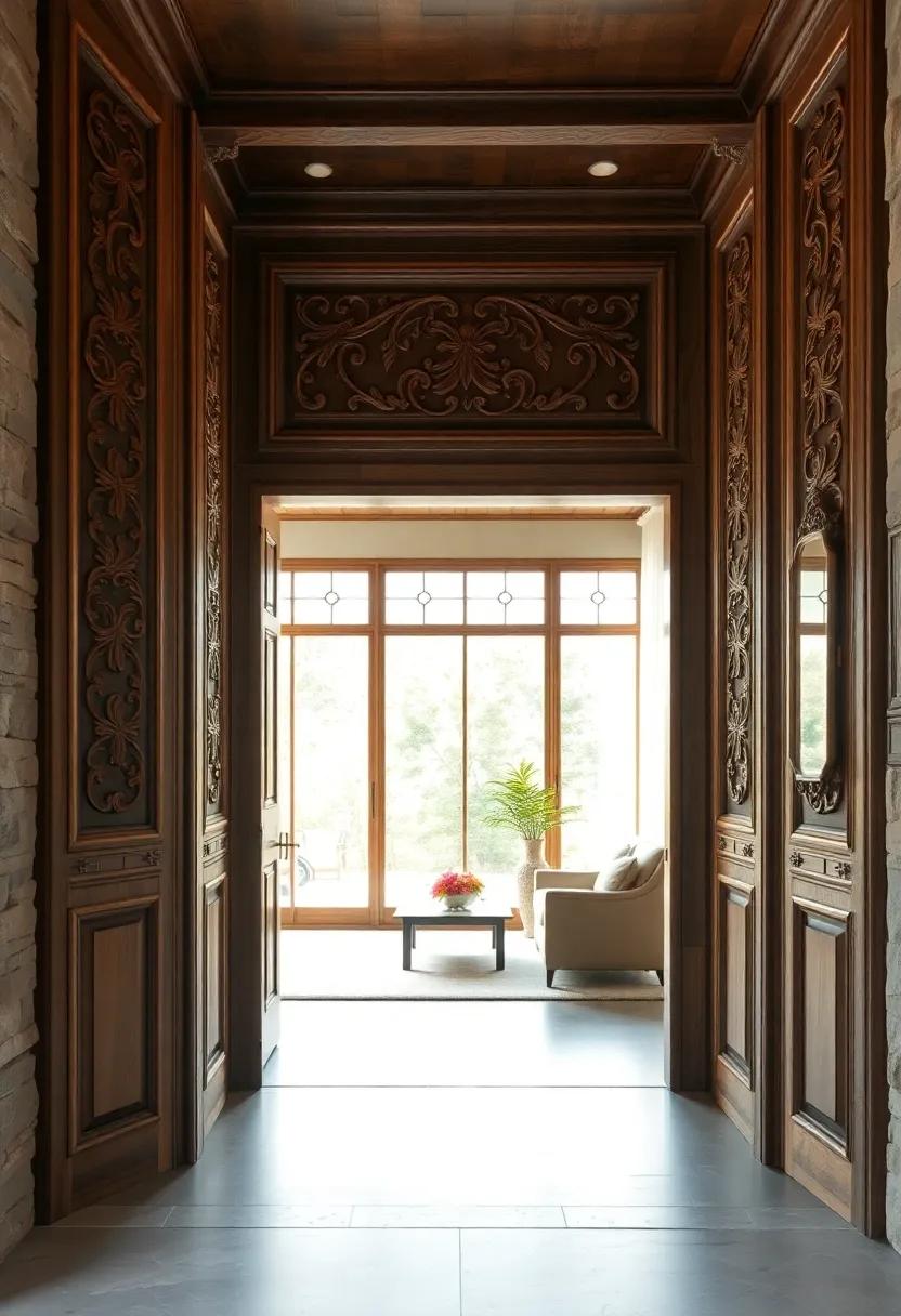 Vintage Style Wood Panel Entryways with Intricate Carvings and Weathered Finishes