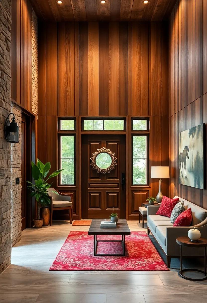 Warm Wood Panel Entryways Featuring Rustic Charm and Earthy Tones for Inviting First Impressions