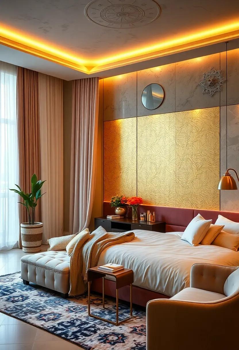 Velvet Drapes Cascading Elegantly Over Gatsby-Inspired Gold Leaf Accent Walls Illumined by Soft Ambient Lighting