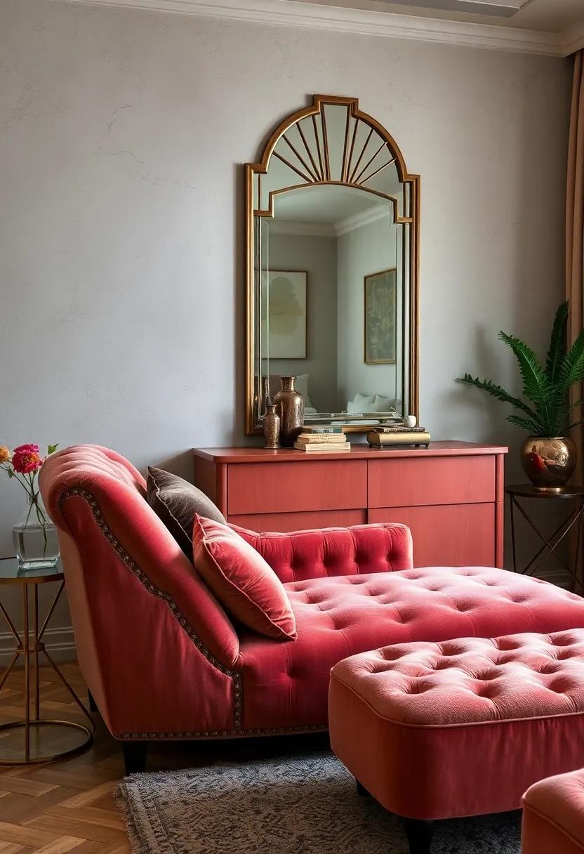 A Plush Velvet Chaise Lounge Nestled Beneath an Art Deco Mirror Reflecting Subtle Glamour and Period Elegance