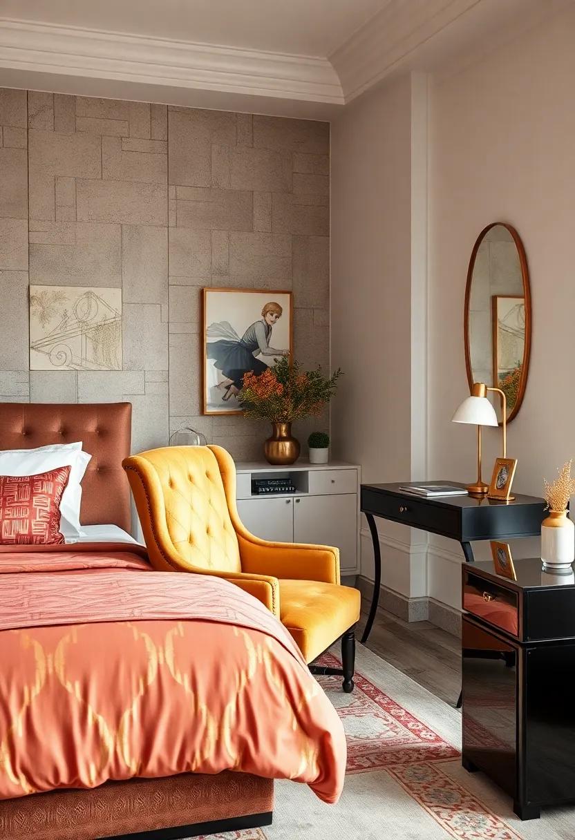 Gold Embossed Velvet Desk Chair Complementing a Polished Black Writing Desk Embraced by Gatsby Glam and Luxury