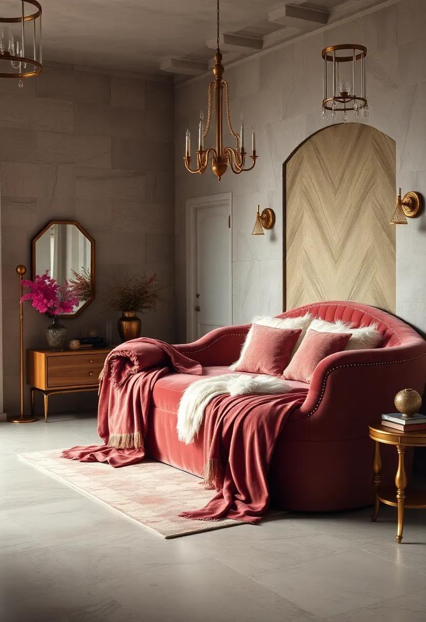 Gilded Vanity Table Adorned with Vintage Perfume Bottles and Feathered Accessories on a Velvet Upholstered Stool