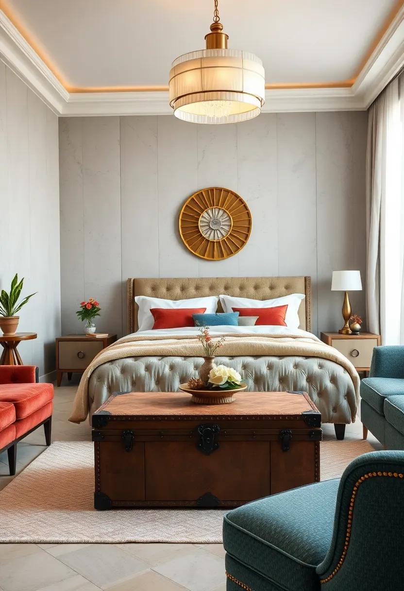 Antique Velvet Trunk Serving as a Stylish Coffee Table in a Gatsby Bedroom With Rich Mahogany Details