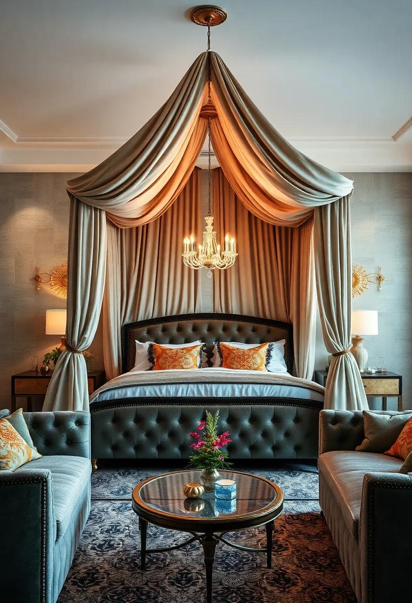 Soft Velvet Canopy Drapes Framing a Regal Gatsby-Inspired Four-Poster Bed with Brass Accents and Crystal Details