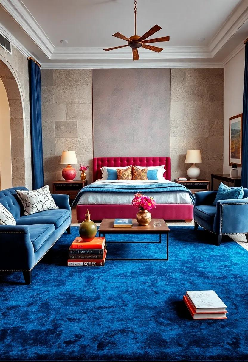 Vibrant Sapphire Velvet Rug Anchoring an Artfully Arranged Collection of Gatsby Era Accessories and Books