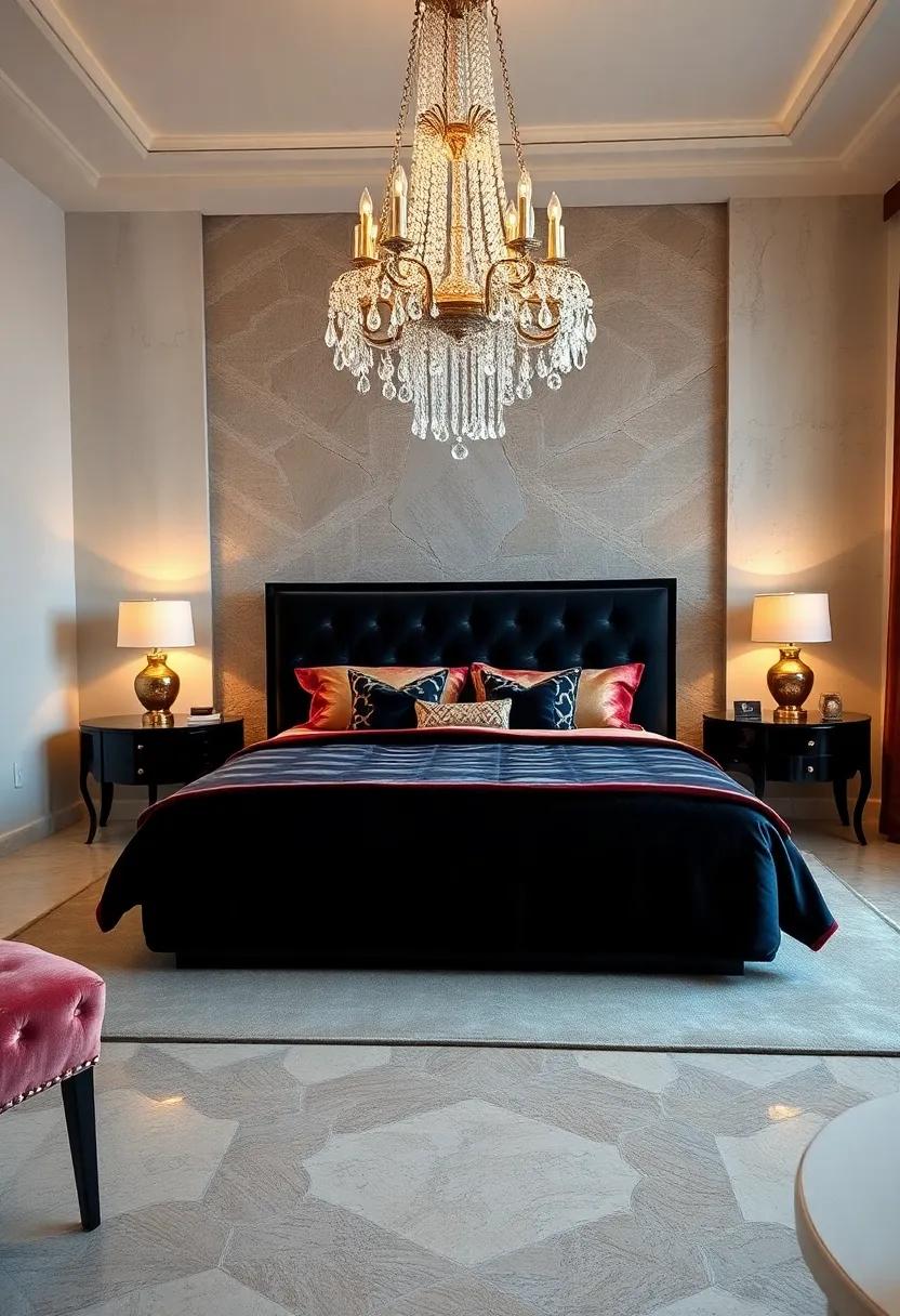 Crystal Chandelier Droplets Catching Light Over a Sumptuous Velvet Bedspread and Glossy Ebony Nightstands